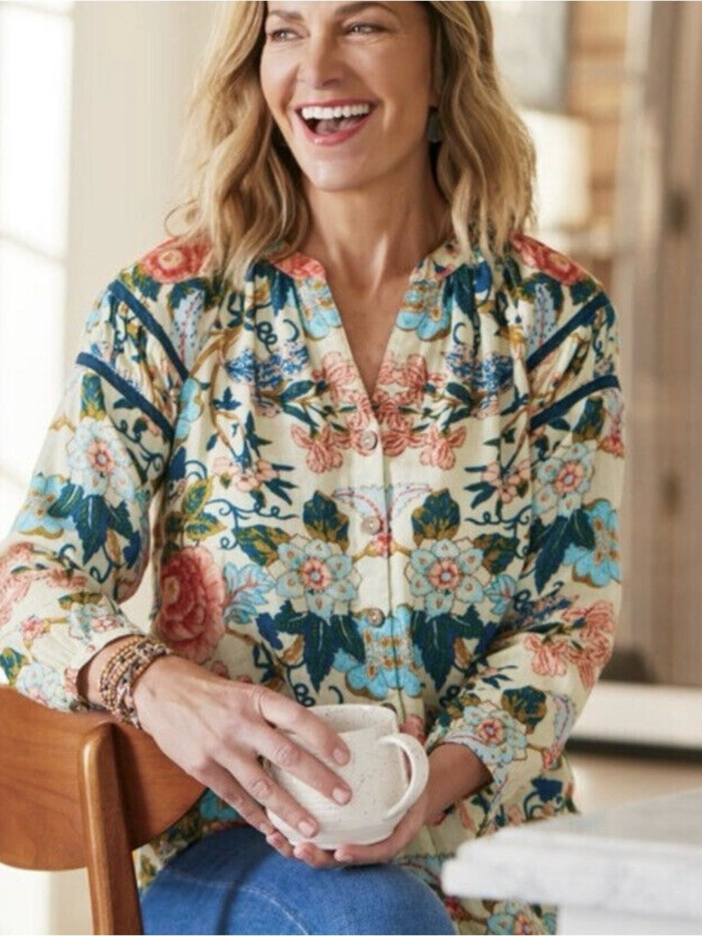 Soft Surroundings BISONETTE 100% Cotton Long Sleeve Floral Button Up Top